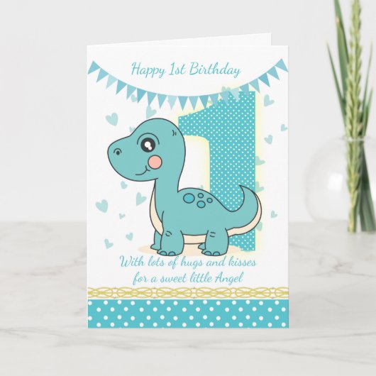 1e Verjaardag Blauwe Dinosaurus Kaart, Baby's 1e K Kaart (Voorkant)