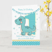 1e Verjaardag Blauwe Dinosaurus Kaart, Baby's 1e K Kaart (Gele Bloem)