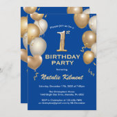 1e verjaardag Blauwe en goudballonnen Kaart (Voorkant / Achterkant)