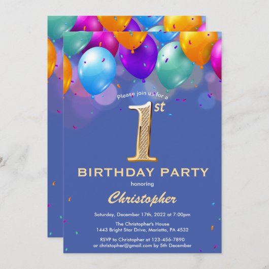 1e verjaardag Blauwe en goudkleurige ballonnen Kaart (Voorkant / Achterkant)