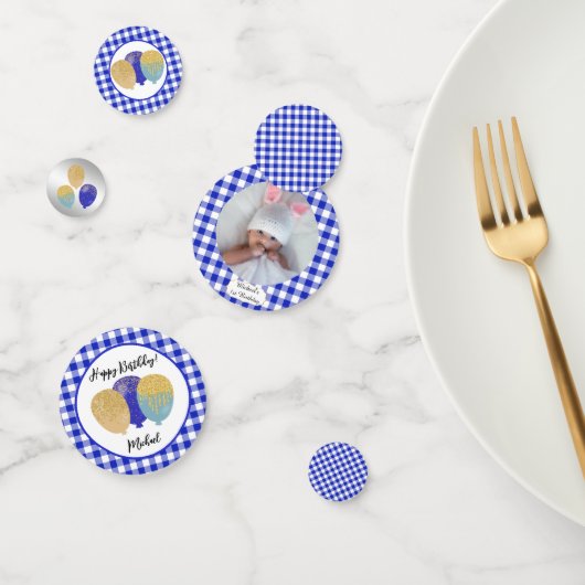 1e verjaardag Blauwe Gingham ballonnen & foto Confetti (Groep)
