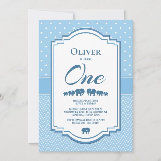 1e verjaardag blauwe olifanten kaart (Voorkant)