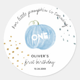 1e verjaardag blauwe pompoen ronde sticker