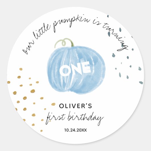 1e verjaardag blauwe pompoen ronde sticker (Voorkant)