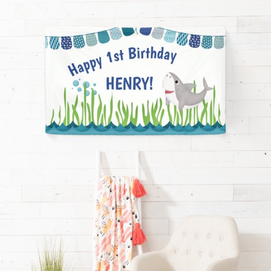 1e verjaardag Blauwgroen blauwe zeehaaienbanner Ki Spandoek (Insitu)