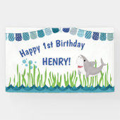 1e verjaardag Blauwgroen blauwe zeehaaienbanner Ki Spandoek (Horizontaal)