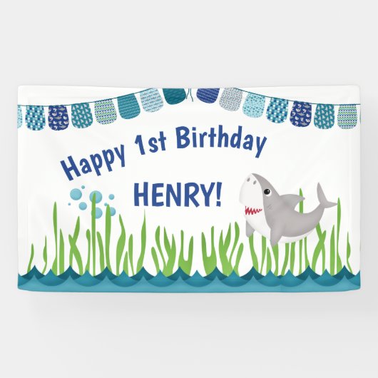 1e verjaardag Blauwgroen blauwe zeehaaienbanner Ki Spandoek (Horizontaal)