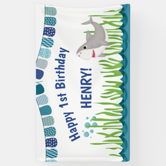 1e verjaardag Blauwgroen blauwe zeehaaienbanner Ki Spandoek (Verticaal)