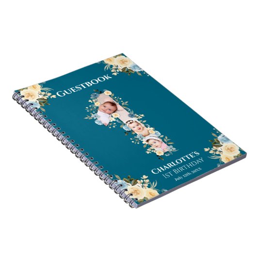 1e verjaardag Blauwgroen bloemenfoto Geel Guestboo Notitieboek (Rechterzijde)