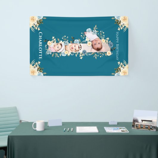 1e verjaardag Blauwgroen foto Collage Blauw Geel Spandoek (Beurs)