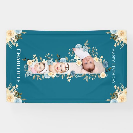 1e verjaardag Blauwgroen foto Collage Blauw Geel Spandoek (Horizontaal)