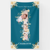 1e verjaardag Blauwgroen foto Collage Blauw Geel Spandoek (Verticaal)