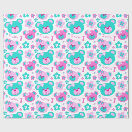 1e verjaardag bloemen en Teddy Bear cadeaupapier (Vlak)