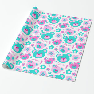 1e verjaardag bloemen en Teddy Bear cadeaupapier