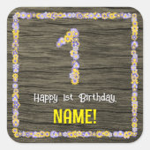 1e verjaardag: Bloemennummer, Faux Wood Look, Naam Vierkante Sticker (Voorkant)