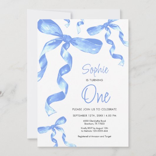 1e verjaardag Blue Bow uitnodiging (Voorkant)