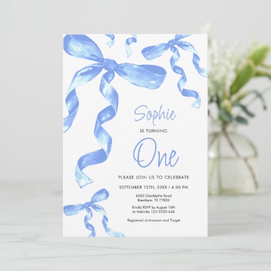 1e verjaardag Blue Bow uitnodiging (Staand voorkant)