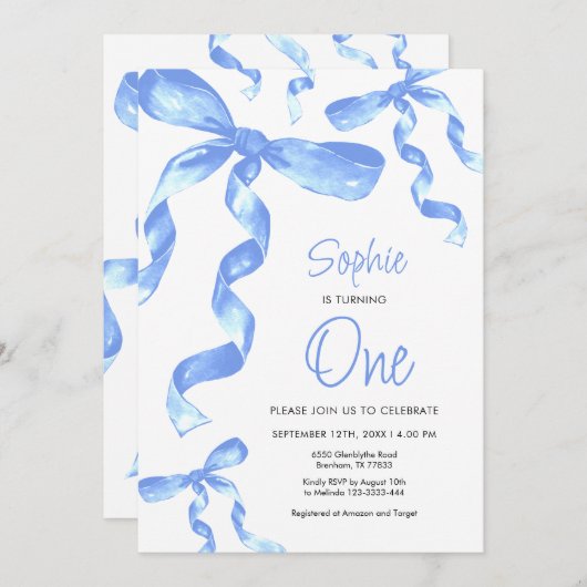 1e verjaardag Blue Bow uitnodiging (Voorkant / Achterkant)