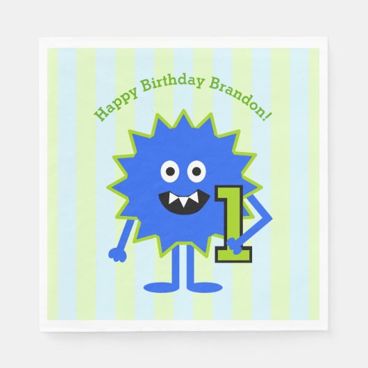 1e Verjaardag Blue Green Monster Boy Schattige Fun Servet (Voorkant)