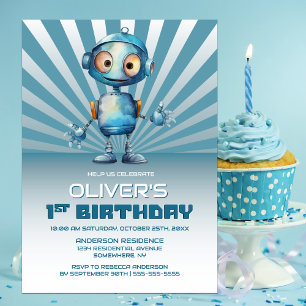 1e verjaardag Blue Robot Thema Party uitnodiging