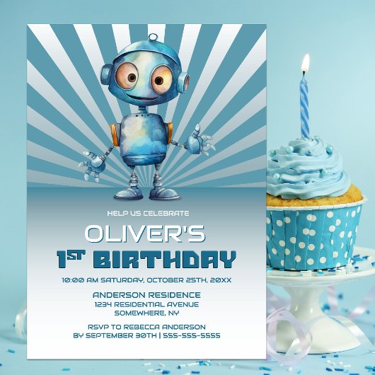 1e verjaardag Blue Robot Thema Party uitnodiging