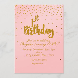 1e verjaardag Blush Pink & Gold Confetti Invitatio Kaart