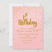 1e Verjaardag Blush Pink & Gold Confetti Uitnodigi Kaart (Voorkant)
