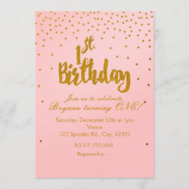1e Verjaardag Blush Pink & Gold Confetti Uitnodigi Kaart
