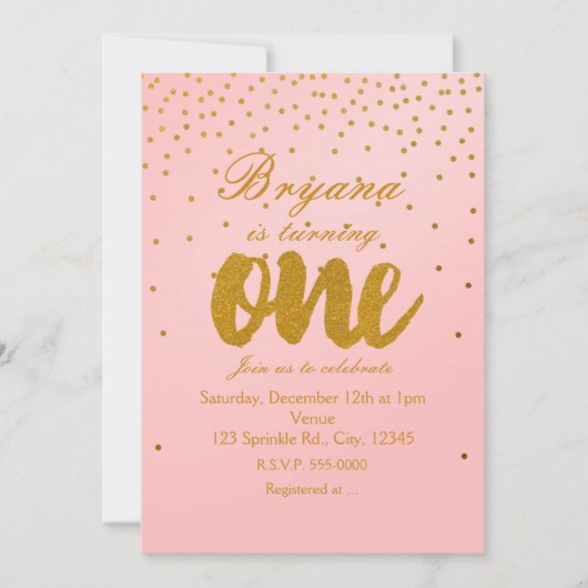1e Verjaardag Blush Pink & Gold Confetti Uitnodigi Kaart (Voorkant)