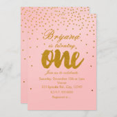 1e Verjaardag Blush Pink & Gold Confetti Uitnodigi Kaart (Voorkant / Achterkant)