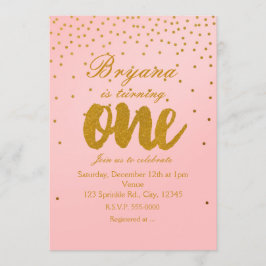 1e Verjaardag Blush Pink & Gold Confetti Uitnodigi Kaart