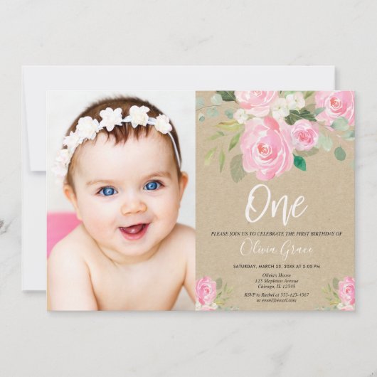 1e verjaardag Blush Pink Rustic Kraft Bloemen Foto Kaart (Voorkant)