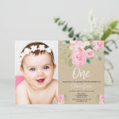 1e verjaardag Blush Pink Rustic Kraft Bloemen Foto Kaart (Staand voorkant)