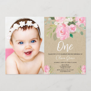 1e verjaardag Blush Pink Rustic Kraft Bloemen Foto Kaart