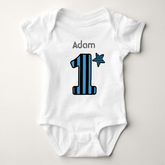 1e Verjaardag Boy BLUE STRIPES Custom Name V01B Romper (Voorkant)
