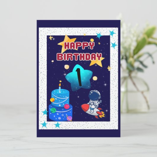1e verjaardag - Boy- Space - Uitnodiging (Staand voorkant)