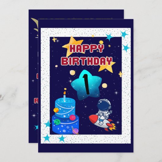 1e verjaardag - Boy- Space - Uitnodiging (Voorkant / Achterkant)