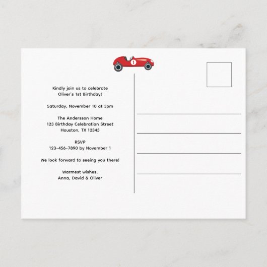 1e verjaardag Boy's Fast One Racing Car Uitnodiging Briefkaart (Achterkant)