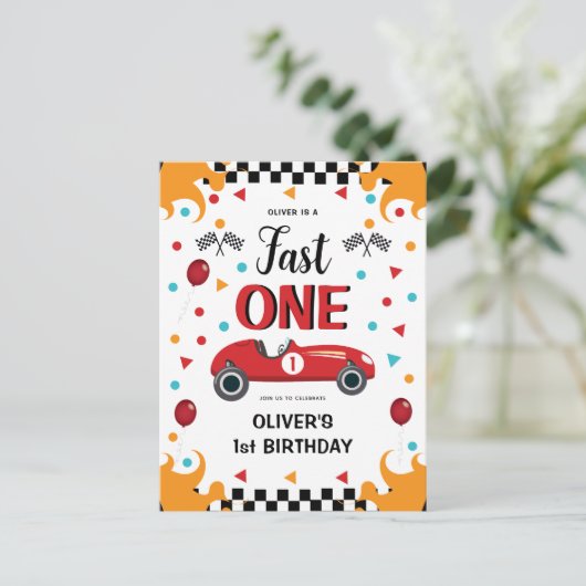 1e verjaardag Boy's Fast One Racing Car Uitnodiging Briefkaart (Staand voorkant)