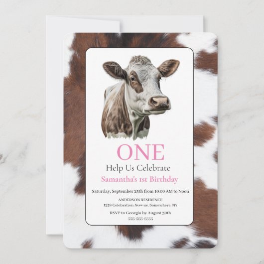 1e Verjaardag Bruin en Wit Koe Kaart (Voorkant)