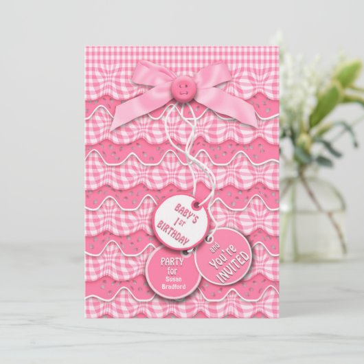 1e verjaardag Buttonnen en bogen roze roze roze ro Kaart (Staand voorkant)