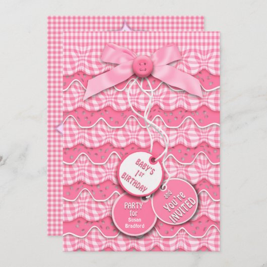 1e verjaardag Buttonnen en bogen roze roze roze ro Kaart (Voorkant / Achterkant)