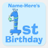 1e verjaardag cartoon, in het blauw. Aangepaste na Vierkante Sticker (Voorkant)