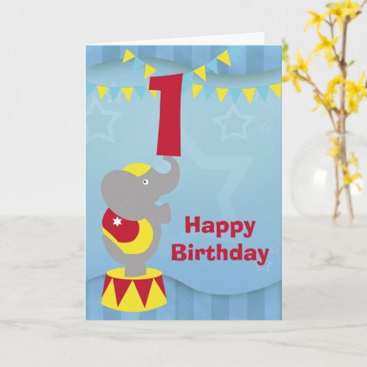 1e Verjaardag Circus Olifant Kaart (Gele Bloem)