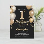 1e verjaardag Confetti zwarte en gouden ballonnen Kaart (Staand voorkant)