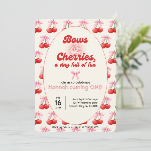 1e Verjaardag Coquette Kersen Bogen Bubble Letters Kaart (Staand voorkant)