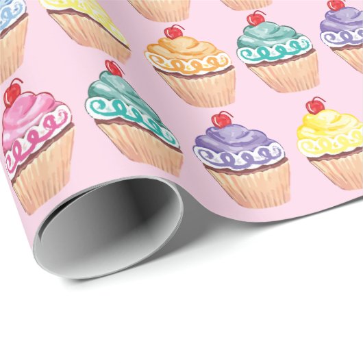 1e Verjaardag Cupcake Roze Geel Schattige Patroon Cadeaupapier (Rol Hoek)