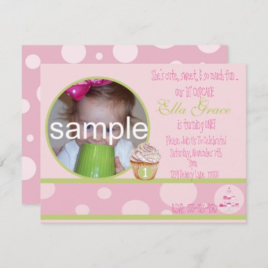 1e verjaardag Cupcake Uitnodiging - roze & groen (Voorkant / Achterkant)