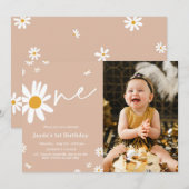 1e verjaardag Daisy Party Foto uitnodiging (Voorkant / Achterkant)