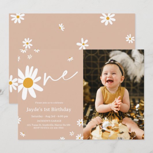 1e verjaardag Daisy Party Foto uitnodiging (Voorkant / Achterkant)